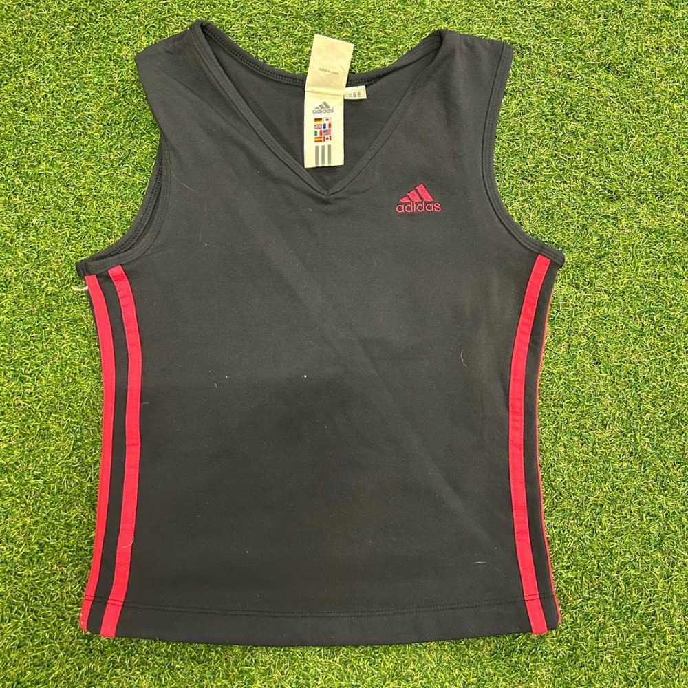 Adidas Women V-Neck Tank Top Black Red 3-Stripe Sleeveless Athletic Small AF5001